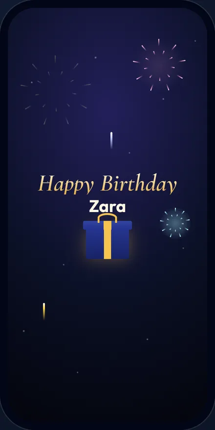 Animated birthday surprise on a phone reading Happy Birthday Zara above a gift box